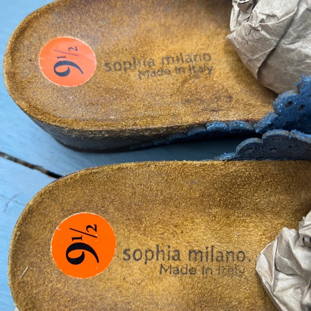 Sophia Milano Blue Laser Cut Floral Cork Wedge Thong Sandals Made in Italy 9.5